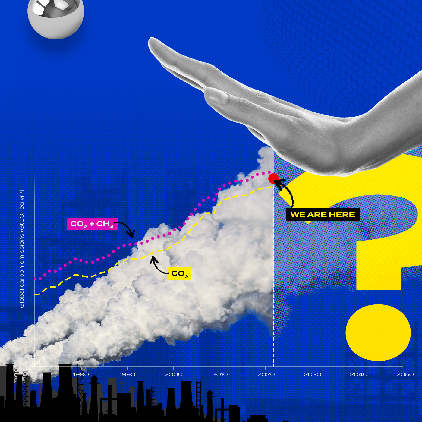 An illustrated poster of a whale above a smokestack and rising charts
