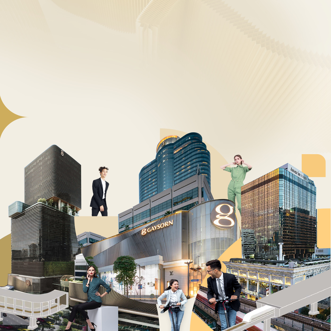 A composite of the Gaysorn Village towers with people in the foreground