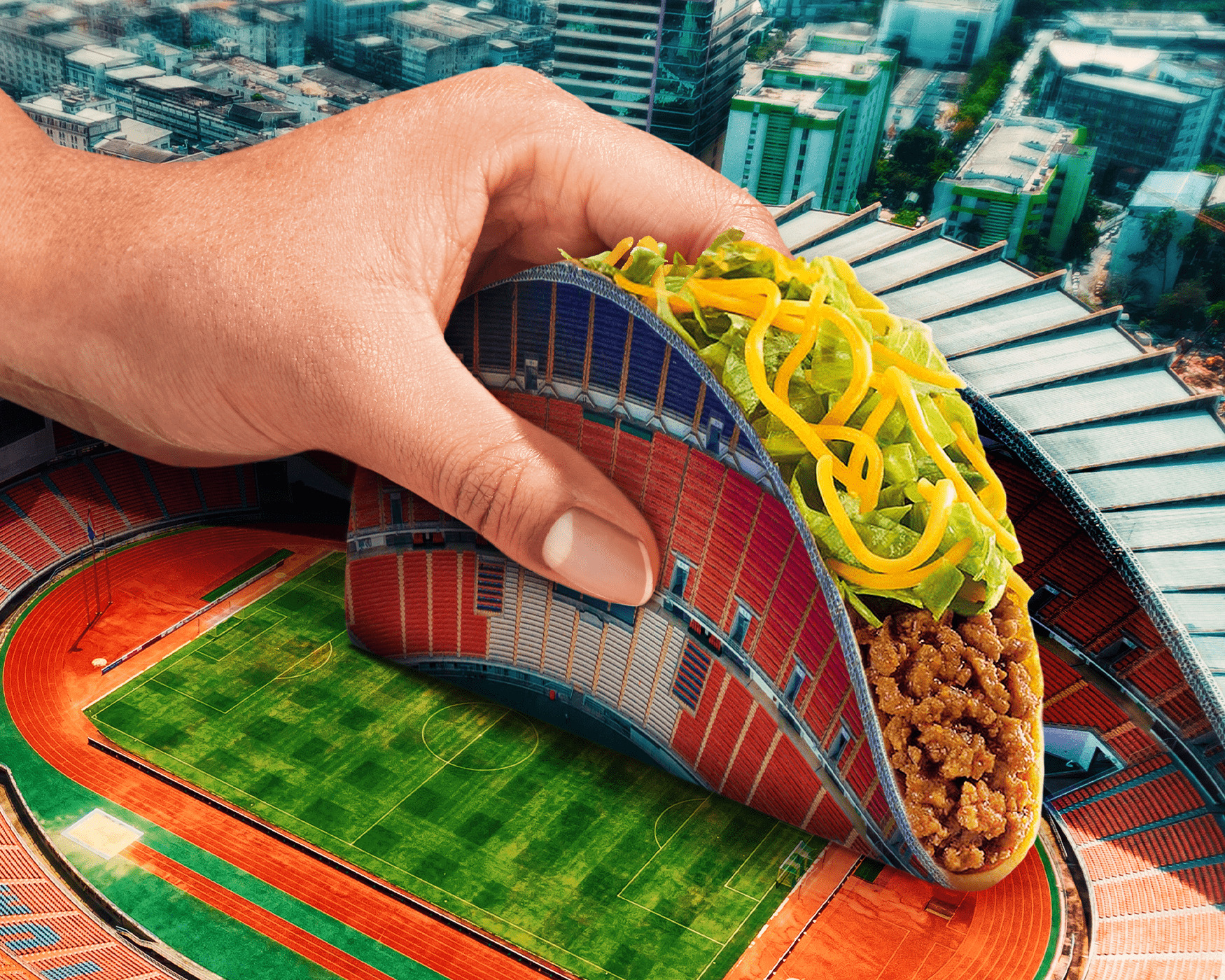 A Taco Bell key visual composited over Rajamangala Stadium at night
