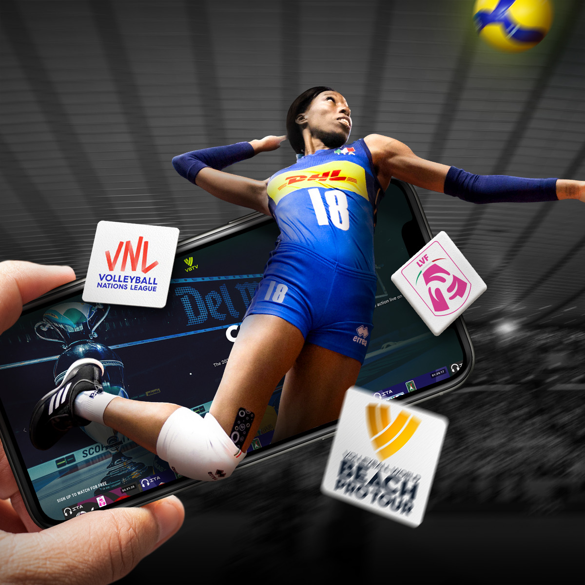 A volleyball player mid-action behind a phone showing the VBTV app